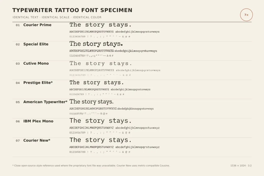 7 Best Typewriter Tattoo Fonts: Sizing & Aging Tips 3 Courier Prime, Special Elite, Cutive Mono, Prestige Elite, American Typewriter, IBM Plex Mono, and Courier New compared