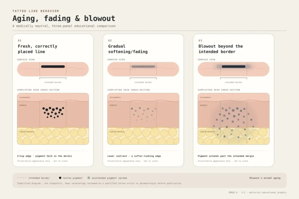 7 Best Typewriter Tattoo Fonts: Sizing & Aging Tips 7 Difference between a fresh tattoo line, gradual fading, and tattoo blowout