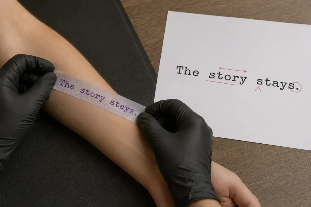 7 Best Typewriter Tattoo Fonts: Sizing & Aging Tips 8 Tattoo artist checking the placement and spelling of a typewriter lettering stencil