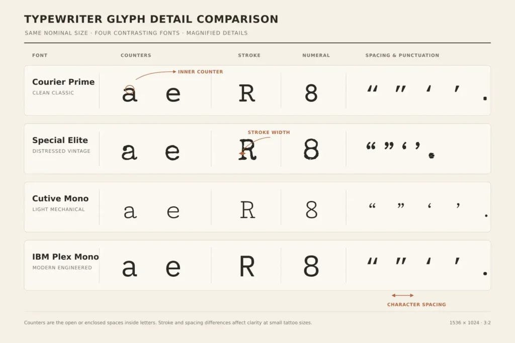 7 Best Typewriter Tattoo Fonts: Sizing & Aging Tips 4 Comparison of counters, stroke weight, numerals, and punctuation in typewriter tattoo fonts